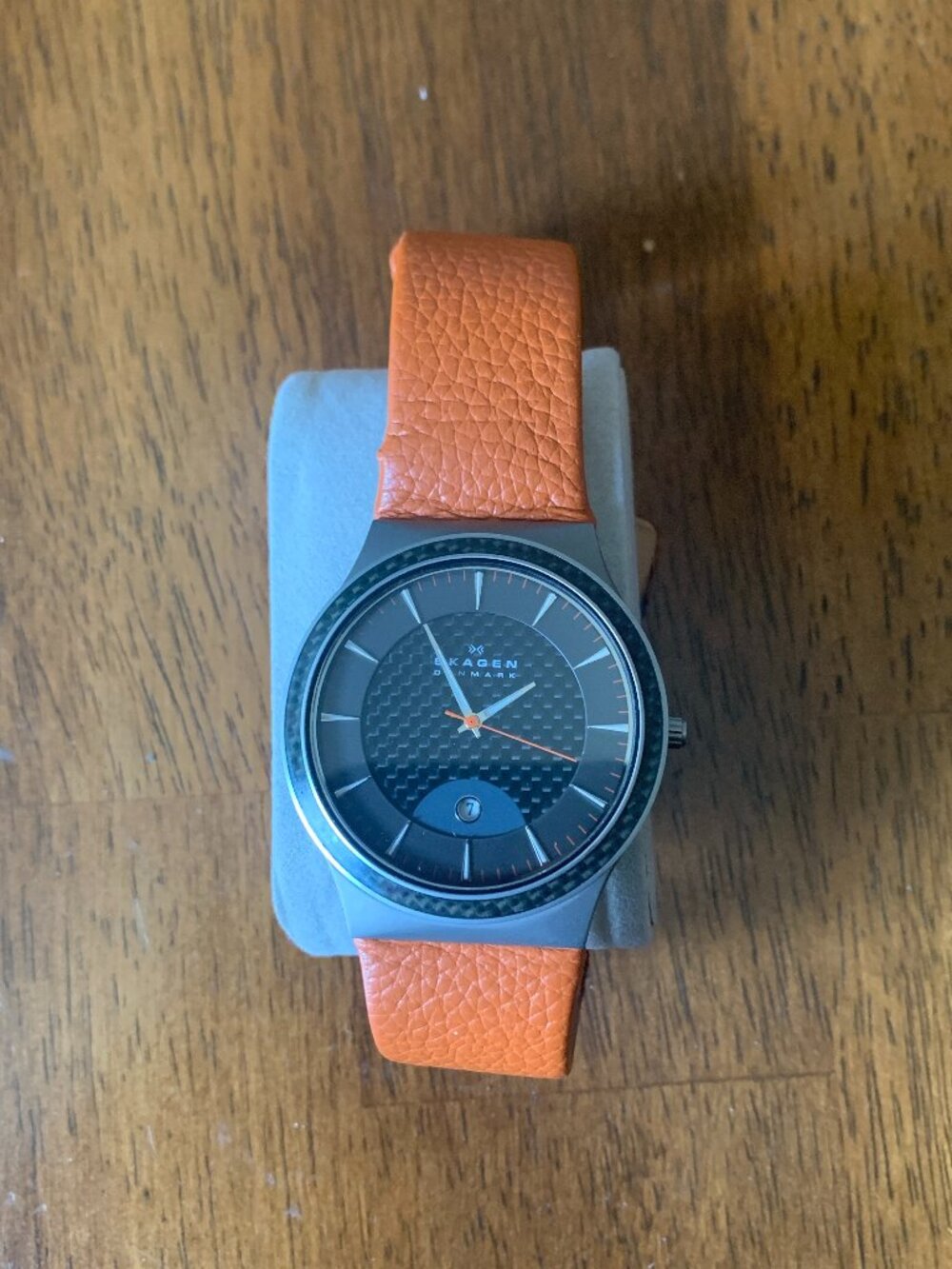Skagen Denmark 234XXLTLO Titanium Quartz Watch Black Carbon Fiber Dial Orange